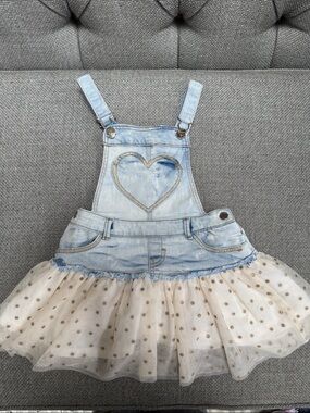 Mayoral Light Blue Denim Heart Bib Overall Dress with Cream Polka Dot Tulle